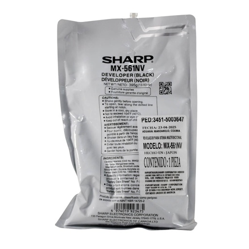 [N31274] REVELADOR SHARP OEM MXM364,MXM365,MXM464,MXM465 MX561NV,MX560NV,MXM564,MXM565,MXM2630,MX2651 MXM5051,MXM5070,MXM5071,MXM6050,MXM6051,MXM6070 MXM6071